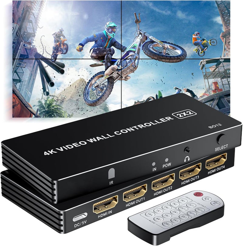 LUKFOCAB 4K HDMI Video Wall Controller 2x2, TV Wall Processor with 8 Splicing Modes, 180° Rotate, 3.5mm Audio Extractor, IR Remote, 2x2, 1x2, 1x3, 1x4, 2x1, 3x1, 4x1, 4 TV Screen into 1 Wall Display - Image 1